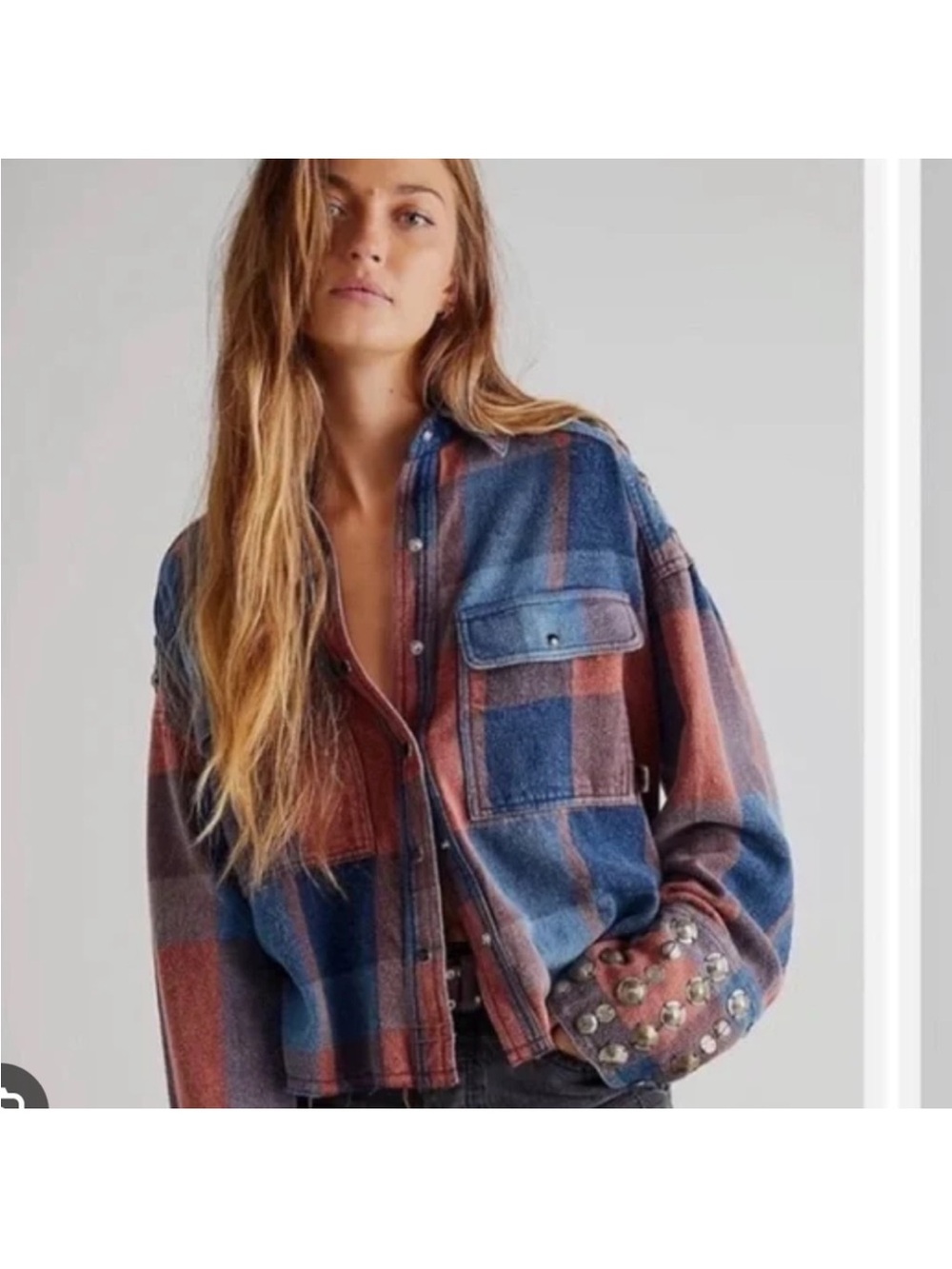 We The Free Blue and Rust Plaid Button-Down Shirt Jacket